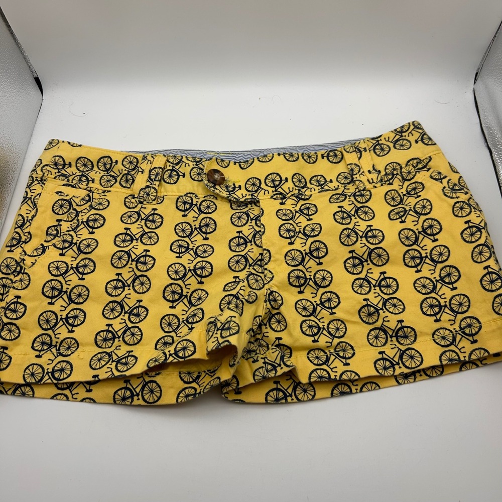 Red Camel Womens Yellow Bicycle Print Chino Shorts Size 7 Navy Blue Bike Pattern
